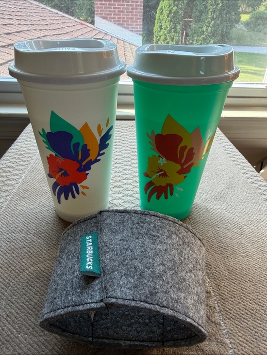 Starbucks Other - Two Starbucks Floral Reusable Cups & reusable gray felt cup sleeve Environment